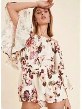 LPA Linen Cotton Blend Off The Shoulder Floral Romper Medium Ruffle Bell Sleeve